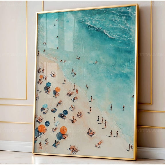 Tiny People Swimming in Ocean Art Minimalist Printable Wall Beach House Decor Summer, Unframed Paper Poster 8x10in