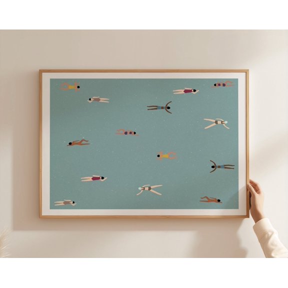 Tiny People in Swimming Pool Art | Pool House Decor | Tiny Humans Art | Minimalist Art | Summer Poster, 8x12 UNFRAMED