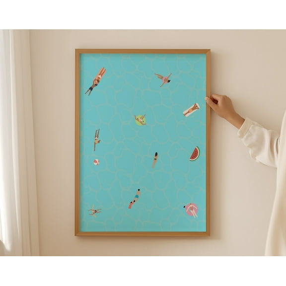 Tiny People in Swimming Pool Art | Swimming Pool Print | Minimalist People Print | Summer Wall Poster | , 12x18 UNFRAMED