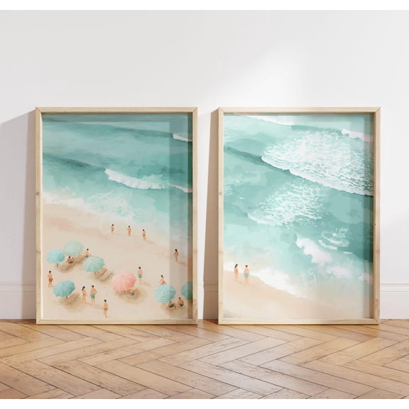 Tiny People on Beach Coastal Wall Art Aerial Summer Print Set 2 Stretched Canvas 8x12