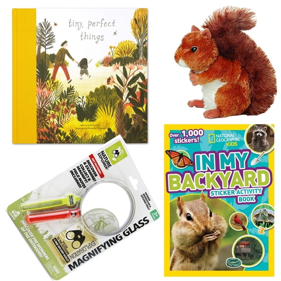 Tiny, Perfect Things by Clark and Kloepper, National Geographic Kids in My Backyard Sticker Activity Book, Squirrel Plush and Nature Explorer Magnifying Glass STEAM STEM Educational Gift Set