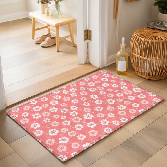 Tiny Petal 2'x3' Small Rugs for Entryway Front Door Kitchen Sink Area, Coral Pink Floral Stamen Hibiscus Bloom Shabby Chic Soft Sturdy Mats Washable Non Slip Rectangle Area Rug