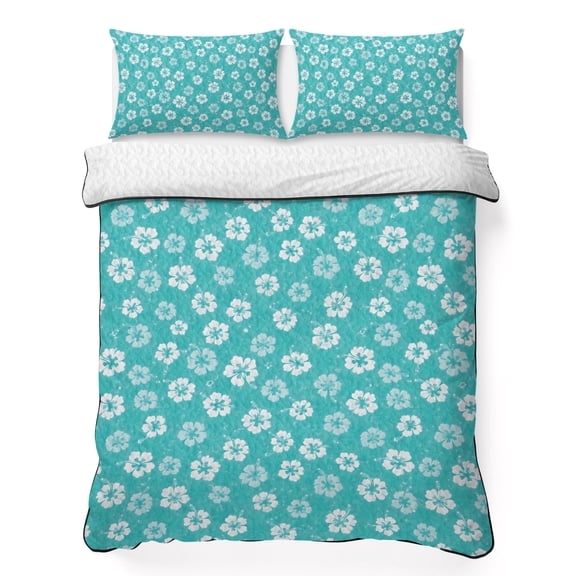 Tiny Petal 3 Piece Quilt Bedding Set with 2 Pillow Shams, White Floral Stamen Hibiscus Bloom Shabby Chic Mint Lightweight Bedspread Coverlet, Soft Breathable All Season Quilt, 68 x 86 Inch