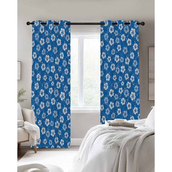 Tiny Petal Blackout Curtains 2 Panels, White Floral Stamen Hibiscus Bloom Shabby Chic Blue Thermal Insulated Grommet Window Curtains for Bedroom Living Room 27.5"x39"