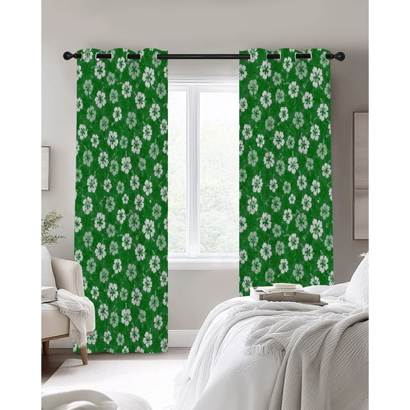 Tiny Petal Blackout Curtains 2 Panels, White Floral Stamen Hibiscus Bloom Shabby Chic Green Thermal Insulated Grommet Window Curtains for Bedroom Living Room 27.5"x39"