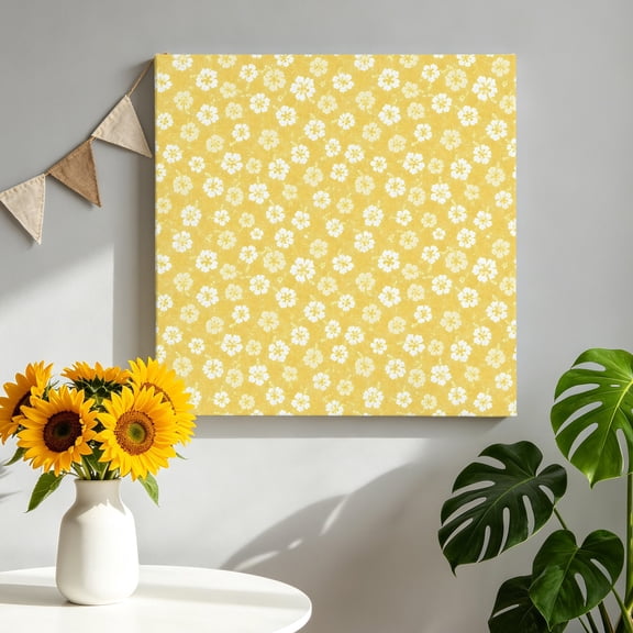 Tiny Petal Canvas Wall Art, White Floral Stamen Hibiscus Bloom Shabby Chic Yellow Framed Canvas Wall Decor Picture Print Artwork Decorations for Living Room Office Ready to Hang 8" x 8"