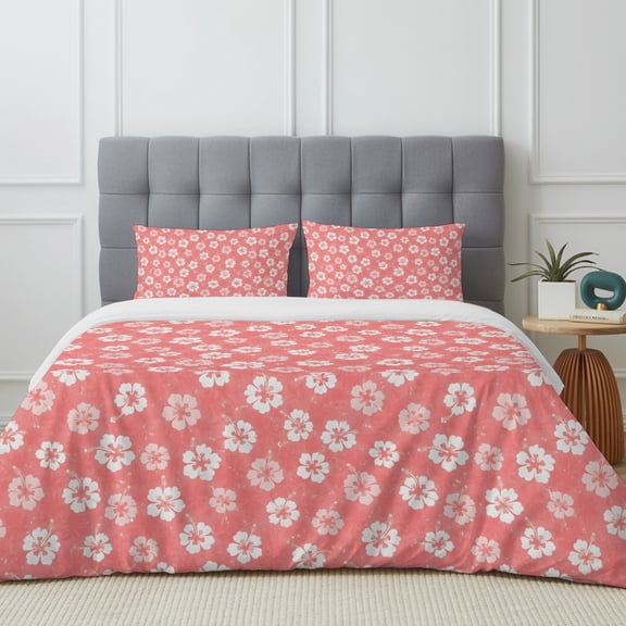 Tiny Petal Duvet Cover Set Queen Size, Coral Pink Floral Stamen Hibiscus Bloom Shabby Chic 4 Piece Soft Microfiber Bedding Set with Zipper Closure, 1 Comforter Cover, 1 Flat Sheet, 2 Pillowcases