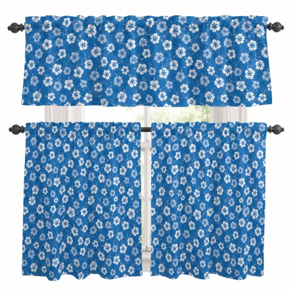 Tiny Petal Kitchen Curtains and Valances Set, White Floral Stamen Hibiscus Bloom Shabby Chic Blue 3 Piece Curtains Valances and Tiers Set Rod Pocket for Kitchen Bathroom Windows 36 Inch