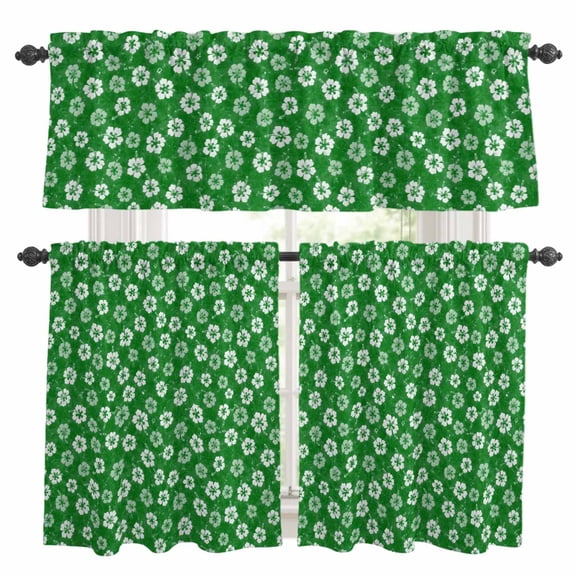Tiny Petal Kitchen Curtains and Valances Set, White Floral Stamen Hibiscus Bloom Shabby Chic Green 3 Piece Curtains Valances and Tiers Set Rod Pocket for Kitchen Bathroom Windows 24 Inch