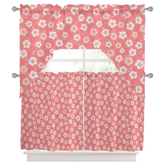 Tiny Petal Swag and Tier Curtains Set, Coral Pink Floral Stamen Hibiscus Bloom Shabby Chic Kitchen Valances with Tier Curtains 36 in Long, Light Filtering Curtains for Sink Laundry Bathroom