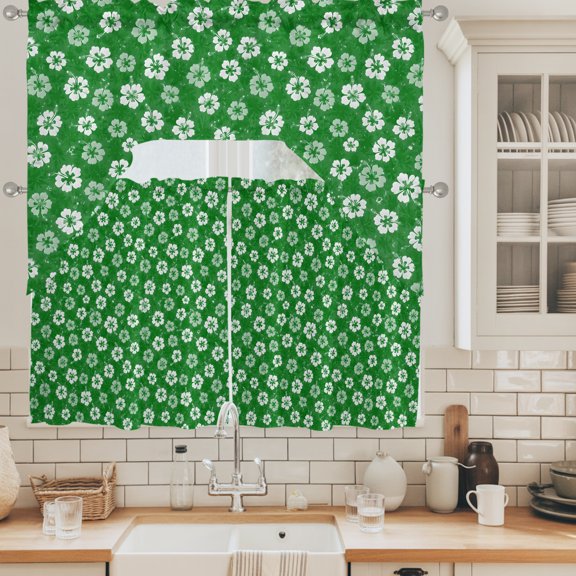 Tiny Petal Swag Valance and Tier Set of 3, White Floral Stamen Hibiscus Bloom Shabby Chic Green Swag Curtains Valances for Small Window Treatment Rod Pocket for Kitchen Bathroom 56x36in+27.5x36*2