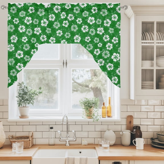 Tiny Petal Swag Valance for Windows, White Floral Stamen Hibiscus Bloom Shabby Chic Green Swag Curtains Valances for Small Window Treatment Rod Pocket for Kitchen Bathroom 1 Panel 56x36in