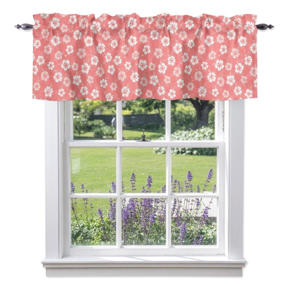 Tiny Petal Valances for Windows, Coral Pink Floral Stamen Hibiscus Bloom Shabby Chic Valance Window Treatment Rod Pocket Short Curtains Valances for Kitchen Bathroom 54"W x 18"L