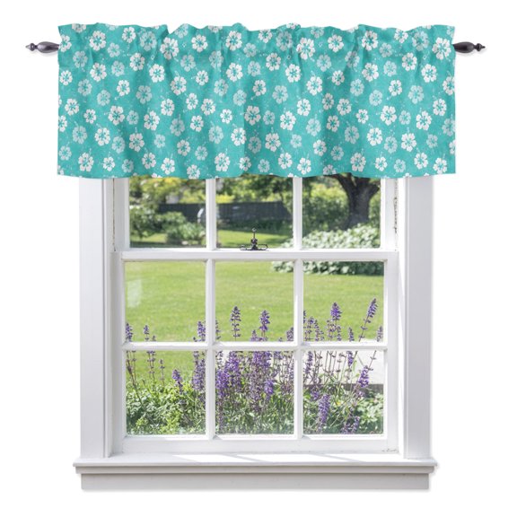 Tiny Petal Valances for Windows, White Floral Stamen Hibiscus Bloom Shabby Chic Mint Valance Window Treatment Rod Pocket Short Curtains Valances for Kitchen Bathroom 42"W x 12"L