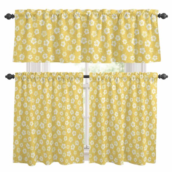 Tiny Petal Window Curtains Valance Set of 3 White Floral Stamen Hibiscus Bloom Shabby Chic Yellow Rod Pocket Small Kitchen Curtain, Soft Window Treatment for Bedroom Party Holiday Decor