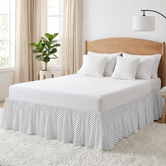Tiny Polka Dots Bed Skirt King Size 16 Inch Drop, Black Mini round Spheres Graphic French Country Adjustable Elastic Dust Ruffles Bedskirt for King Bed Wrap Around Pleated Mattress Frame Cover