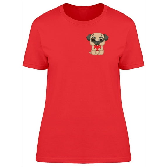Tiny Pug Holding Tiny Heart T-Shirt Women -Image by Shutterstock, Female Medium