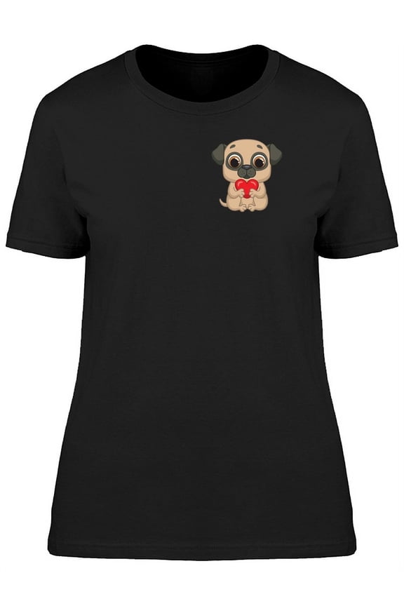 Tiny Pug Holding Tiny Heart T-Shirt Women -Image by Shutterstock, Female Medium