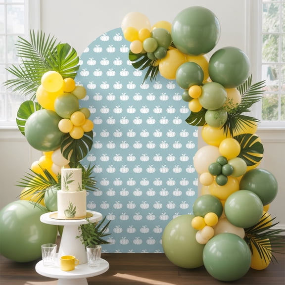 Tiny Pumpkin Arch Backdrop Cover, 4FT, Coastal White Pumpkins Rustic Light Blue Background Spandex Arch Covers Double-Sided Backdrop for Wedding Birthday Party Photo Background Decoration