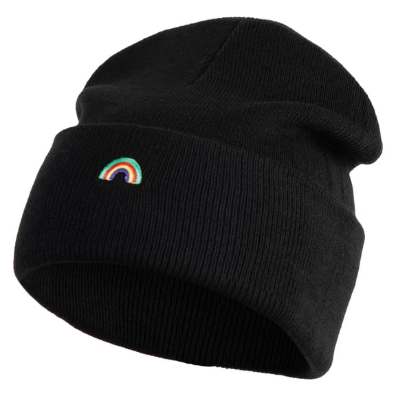 Tiny Rainbow Iron on Patched 12 Inch Long Knitted Beanie - Black OSFM