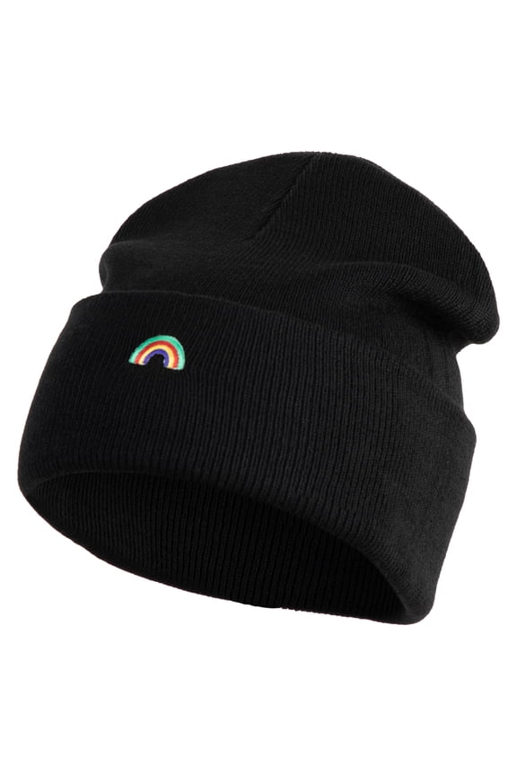 Tiny Rainbow Iron on Patched 12 Inch Long Knitted Beanie - Black OSFM