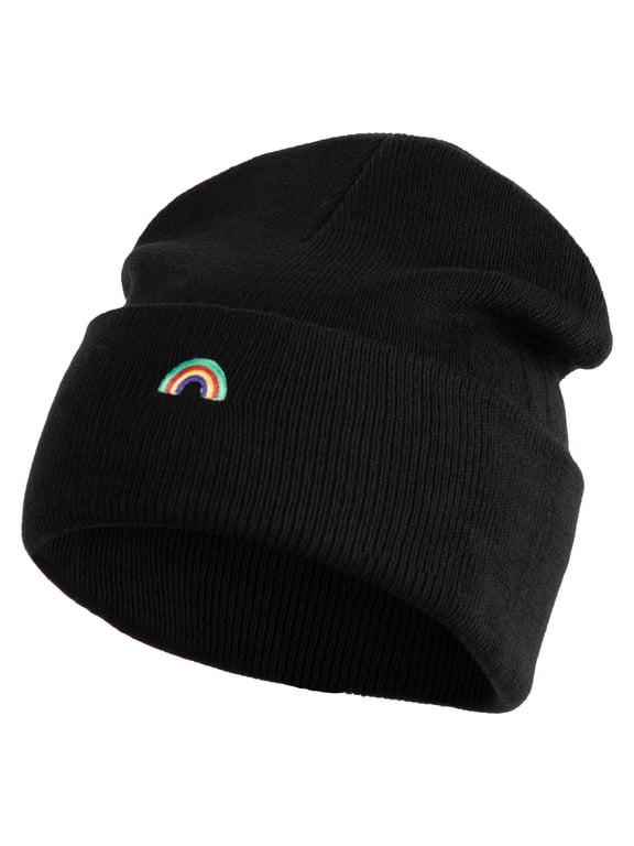 Tiny Rainbow Iron on Patched 12 Inch Long Knitted Beanie - Black OSFM