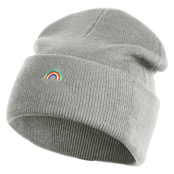 Tiny Rainbow Iron on Patched 12 Inch Long Knitted Beanie - Heather Grey OSFM