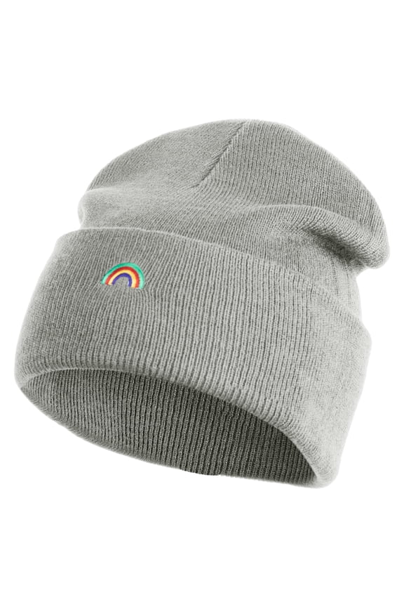 Tiny Rainbow Iron on Patched 12 Inch Long Knitted Beanie - Heather Grey OSFM
