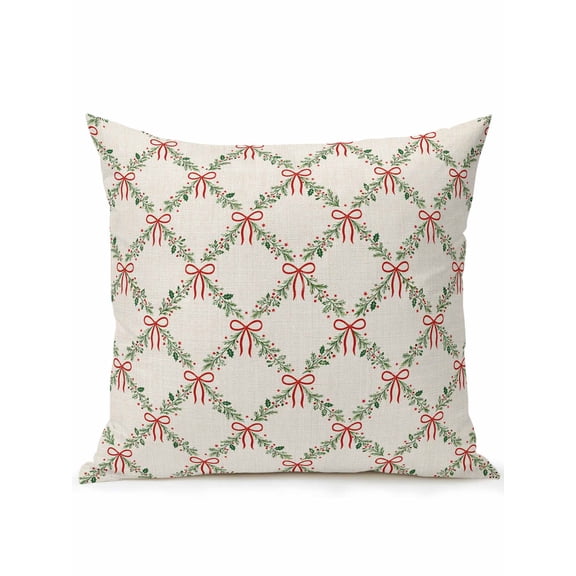 Tiny Red Bows Outdoor Throw Pillow with Insert, 18"x18" Winter Christmas Crossing Leaf Wreath Diamond Plaid Waterproof Decorative Square Patio Pillows for Small Patio Chairs, Balcony, Couch
