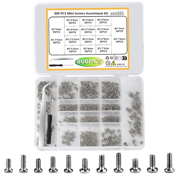 Tiny Screws for Electronics, 800 pcs Mini Micro Small Phillips Pan Head Machine Screws Assortment Kit for Electronic Repair, Nickel-Plated Carbon Steel, M1/M1.2/M1.4/M1.6/M1.7