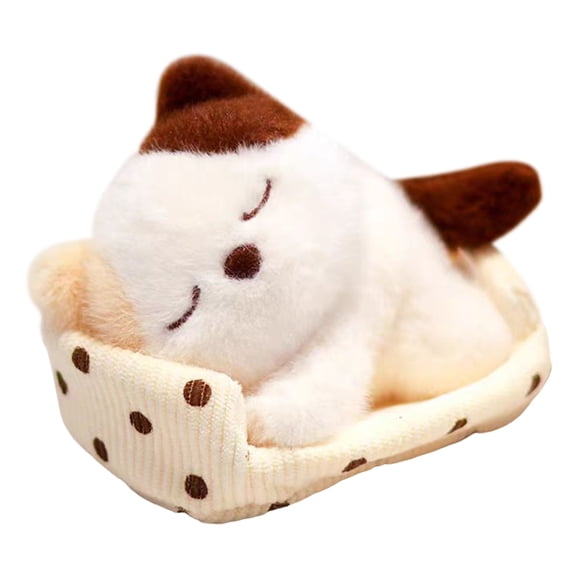 Tiny Sleeping Cat Plush Doll Matching Beige Sofa Nest, Soft Mini Stuffed Kitten Tabletop Shelf Cute Room Decor Ornament