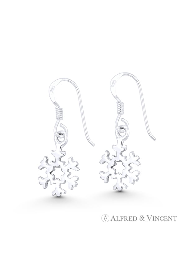 Tiny Snowflake Winter Holiday Charm Dangling Hook Earrings in .925 Sterling Silver