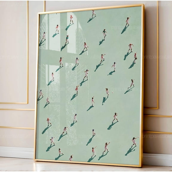 Tiny Softball Players Print Retro Minimalist People Horizontal Girls Room Wall Decor Mom, Stretched Canvas 8x10in