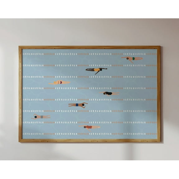 Tiny Swimmers Art | Horizontal Swimming Pool Print | Summer Poster | Minimalist Wall Art | Pool Beach House Decor | Matte Physical Art Print, 8x12 UNFRAMED