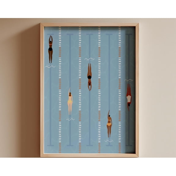 Tiny Swimmers Art | Swimming Pool Print | Cute Girl Summer Wall Poster | Minimalist College Wall Art | Beach House Decor | , 12x18 UNFRAMED