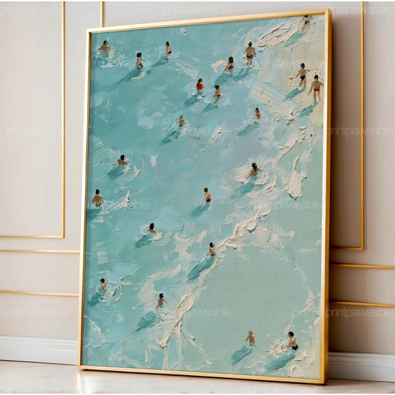 Tiny Swimmers Lagoon Wall Art Print, Pastel Coastal Beach Decor
