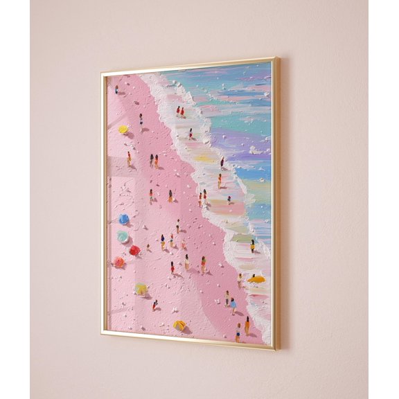 Tiny Swimmers Pink Beach Wall Art Print, Unframed Paper Poster 24x36in