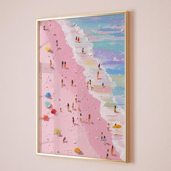 Tiny Swimmers at the beach Art Print Minimalist Tiny People Swimming in Pink Beach Girly summer wall artBeach print Pink Poste