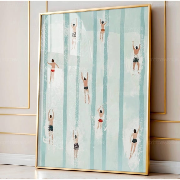 Tiny Swimmers in Pool Print Cute Summer Vertical Swimming Minimalist Wall Art Beach House, Unframed Paper Poster 8x10in