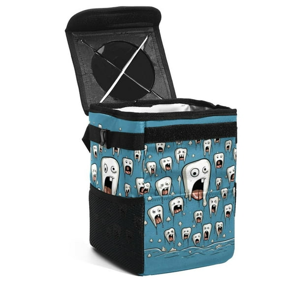 Tiny Teeth Foldable Car Trash Bin with Lid, Leak-Proof, Hanging Storage Bag - Trash Can for Car, Car Garbage Can