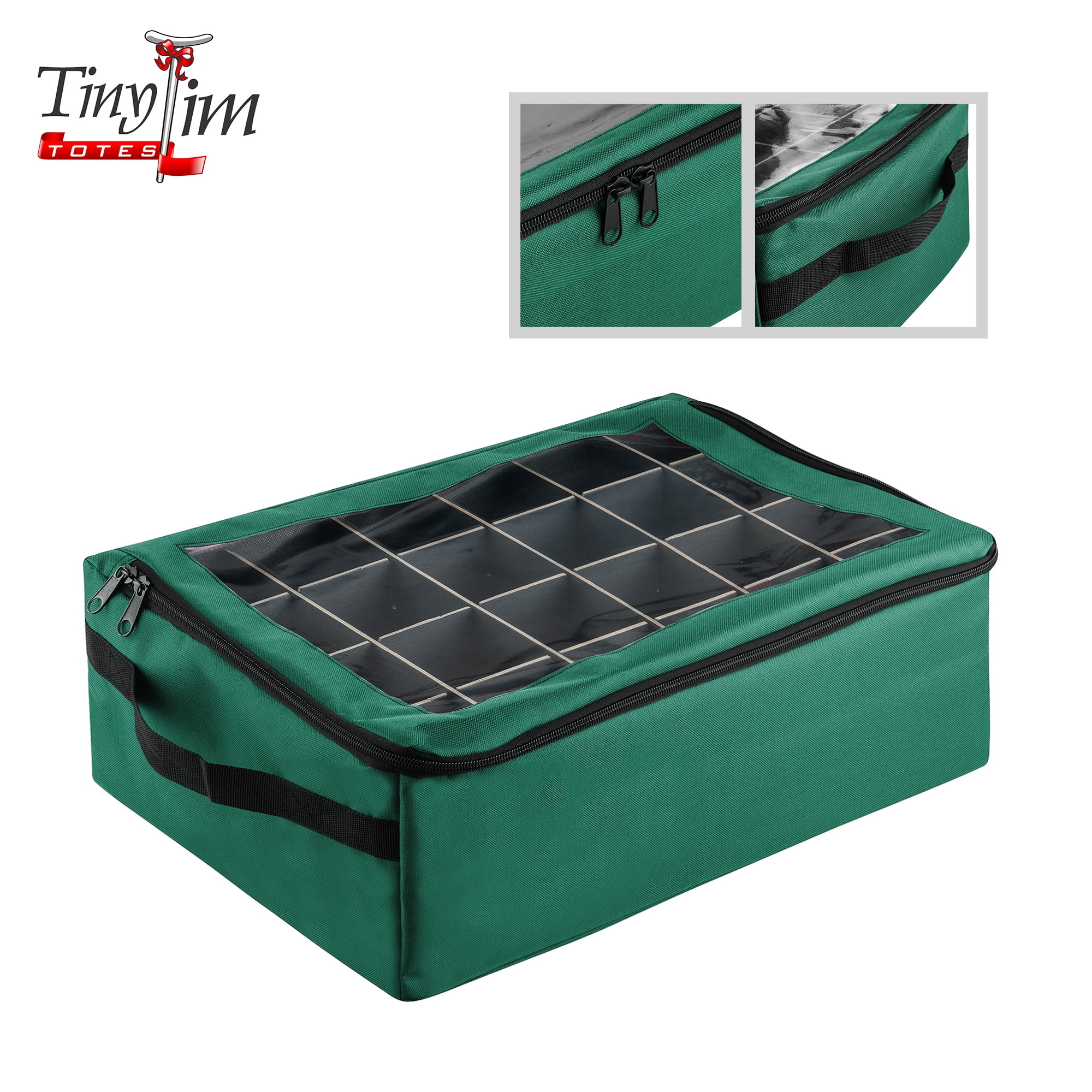 Green Fabric Collapsible Christmas Ornament Storage Box with Dividers