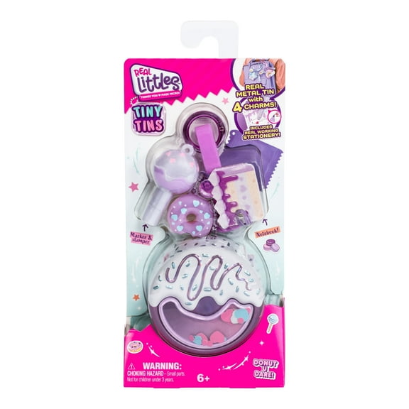 Tiny Tins By Real Littles, Styles May Vary, Cute, Fashionable & Attachable Metal Tins with 4 Adorable Charms, For Ages 5 & Up
