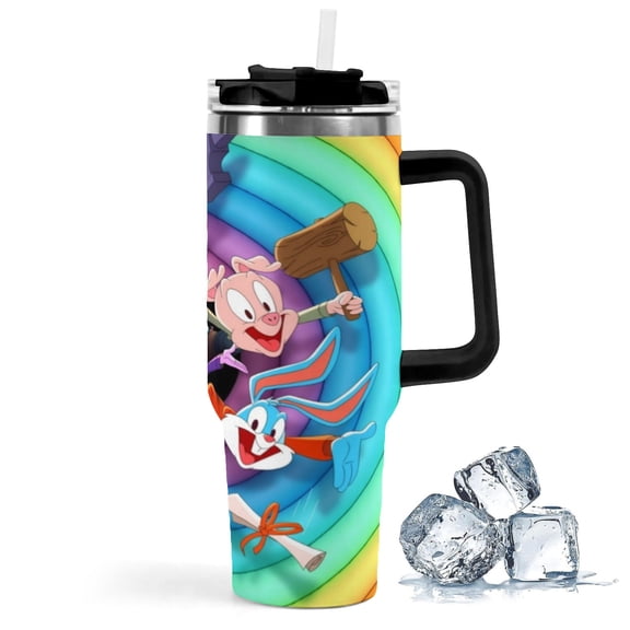 Tiny Toons Looniversity-theme Insulated Stainless Steel Tumbler with Handle Gifts For Family Friends Fans and Straw Fits in Standard Cup Holder 40 OZ