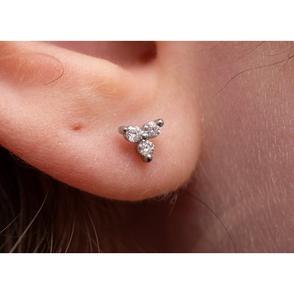 Tiny Trinity Stud Earrings Three Stones Minimalist flat back Stud Earrings Cartilage Tragus stud Internally Threaded Tiny Triple CZ Labret