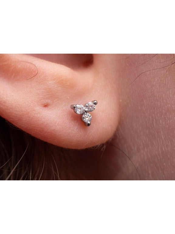 Tiny Trinity Stud Earrings Three Stones Minimalist flat back Stud Earrings Cartilage Tragus stud Internally Threaded Tiny Triple CZ Labret