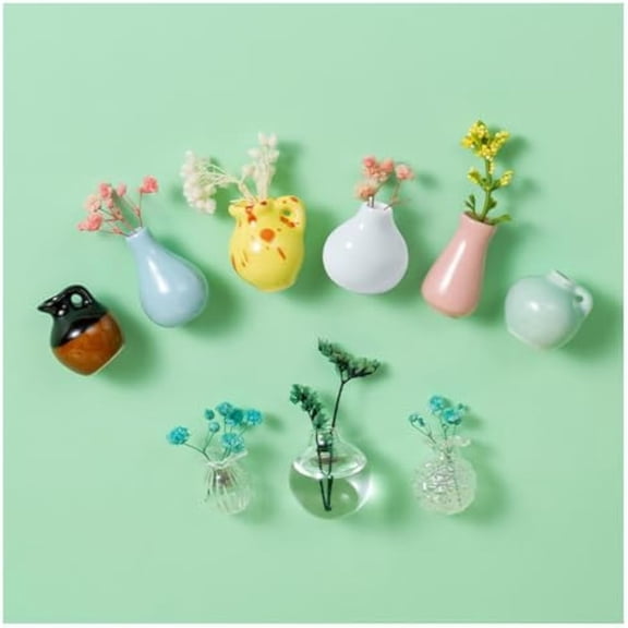 Tiny Vase Fridge Magnets, Mini Ceramics Vase Fridge Magnet, Tiny 3D Plant Vases, Vase Magnets for Fridge, for Kitchen, Office Decoration (9pcs,Flowerless)