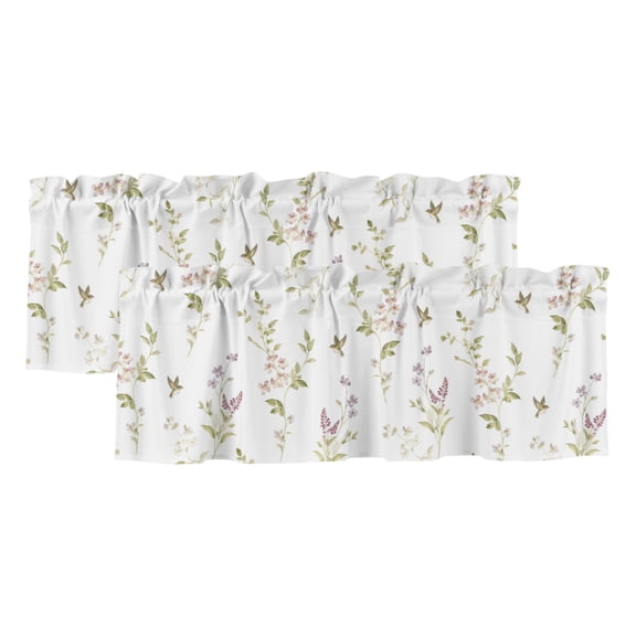 Tiny Wildflower 2 Panels Kitchen Valance, Spring Dainty Botanical GreenLeaf Birds French Country Curtains Valances for Small Windows Rod Pocket Window Treatments forLiving Room Bedroom 42"W x 12"L