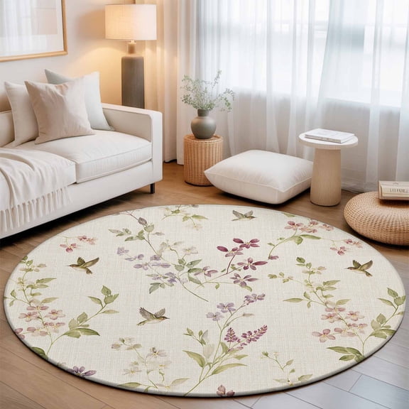 Tiny Wildflower 7' Round Rugs for Living Room Conversation Area, Spring Purple Buds Green Leaf Birds Linen Texture Washable Non Slip Large Circle Area Rug Under Dining Table