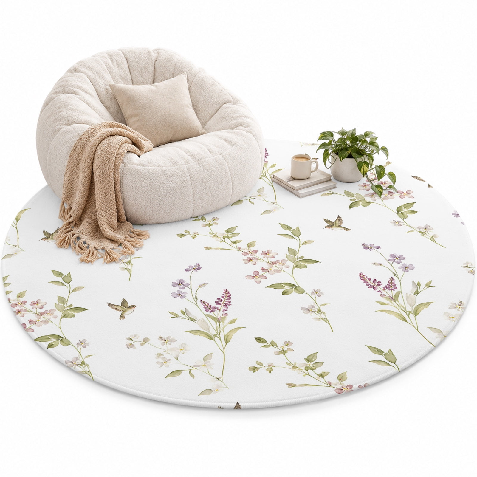 Tiny Wildflower Area Rug 4', Spring Dainty Botanical Green Leaf Birds ...