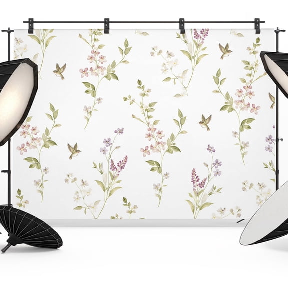 Tiny Wildflower Backdrops for Photography, Spring Dainty Botanical Green Leaf Birds French Country Fabric Photo Background Sturdy Studio Props for Photo Studio, Video Recording Photoshoot 7x5ft